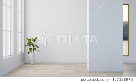 Green potted plant aside glass window and square pillar on wooden parquet floor in white wall room. 137328976