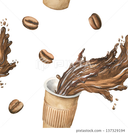 A seamless pattern featuring an Americano coffee in a takeaway cup and coffee beans. The espresso is hand-drawn in watercolor on a white background. Suitable for print, packaging, and fabric. 137329194