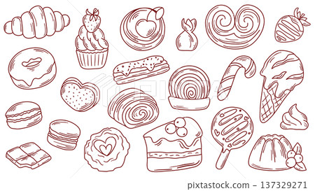 Hand drawn set of sweet pastries and candies Hand drawn set of sweet pastries and candies 137329271