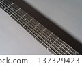 Close-up of a dark wooden guitar fretboard neck 137329423