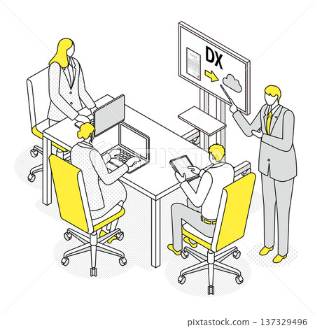 Illustration of a business meeting explaining the introduction of digital transformation Illustration of a business meeting explaining the introduction of digital transformation 137329496