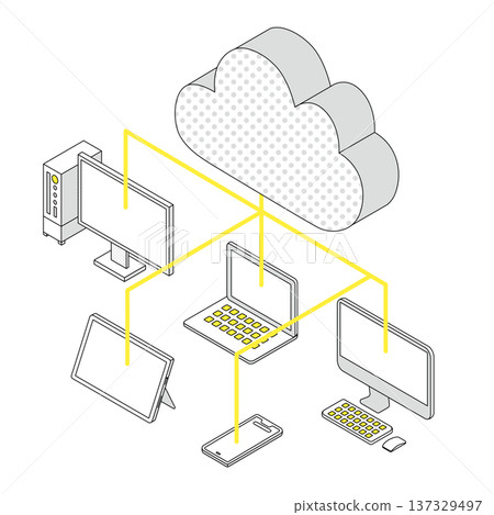 Illustration of data sharing between multiple devices via the cloud Illustration of data sharing between multiple devices via the cloud 137329497