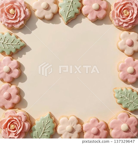 春季烘焙甜點框：玫瑰與櫻花（花朵餅乾和葉子餅乾） 137329647