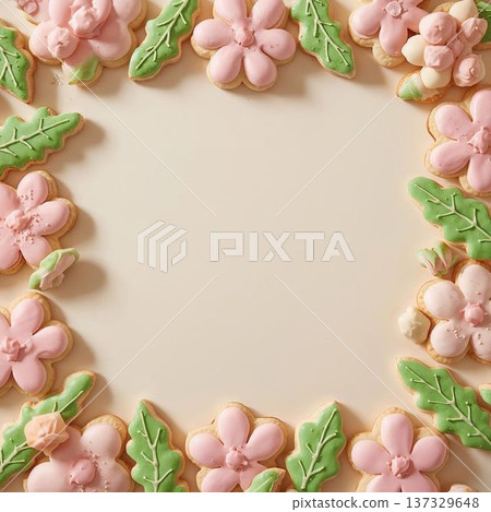 春季烘焙食品相框：櫻花（花朵餅乾和葉子餅乾） 137329648