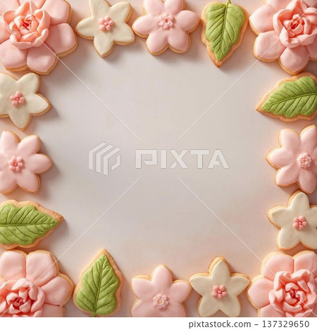 粉紅色和白色的春季烘焙食品框（花朵形狀的餅乾和葉子形狀的餅乾） 137329650