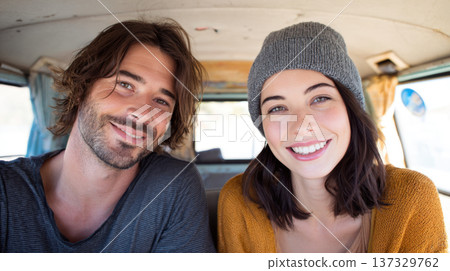 Smiles shared inside a vintage van 137329762