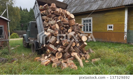 Truck unloading firewood in front of wooden house in countryside 137329892