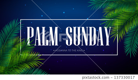 Palm Sunday Illustration for Christian Religious Occasion with Palm Leaves and Ray of Sunshine on Sky Blue Background. Vector Holy Week Design for Savior Celebrate Theme Poster Template for Banner 137330017