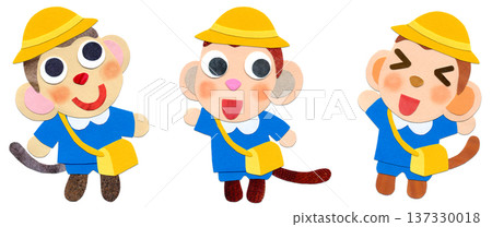 三隻穿著幼稚園制服的猴子，拼貼畫人物插圖 137330018