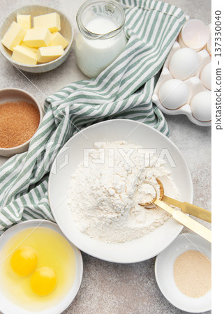 Baking ingredients preparing for homemade bread or pastry Baking ingredients preparing for homemade bread or pastry 137330040