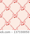 Cute seamless pattern with bows, cherries and curly ribbon lines in coquette aesthetic. Feminine decorative background in red and beige colors for wrapping paper, packaging, wallpaper, textile design. 137330050