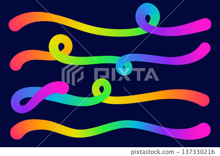 Color gradient lines. Abstract wavy shapes. Vector curved rainbow spiral elements on dark background. Dynamic squiggle bright gradation strokes for poster and banner design. Color gradient lines. Abstract wavy shapes. Vector curved rainbow spiral elements on dark background. Dynamic squiggle bright gradation strokes for poster and banner design. 137330216