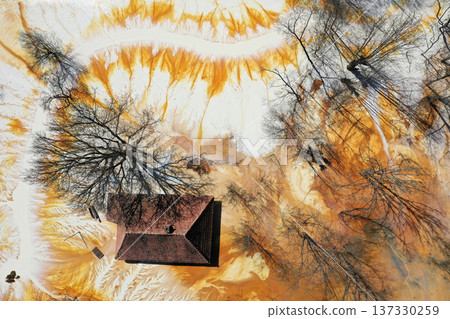 Aerial view choked sinking village house by acid mine drainage toxic waters Aerial view choked sinking village house by acid mine drainage toxic waters 137330259
