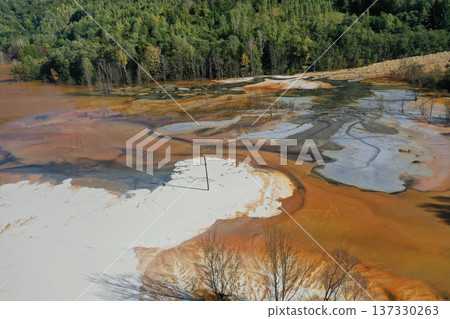 Flying over surreal patterns of flowing colorful mining chemical residuals aerial Flying over surreal patterns of flowing colorful mining chemical residuals aerial 137330263
