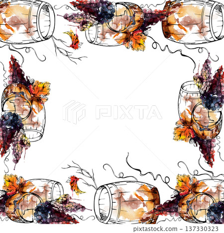 Square border frame with distillery wooden barrels, grape bunches, branching vines, curvy shoots. Hand drawn in ink and watercolor for premium wine packaging, restaurant beverage menu, sommelier cards 137330323