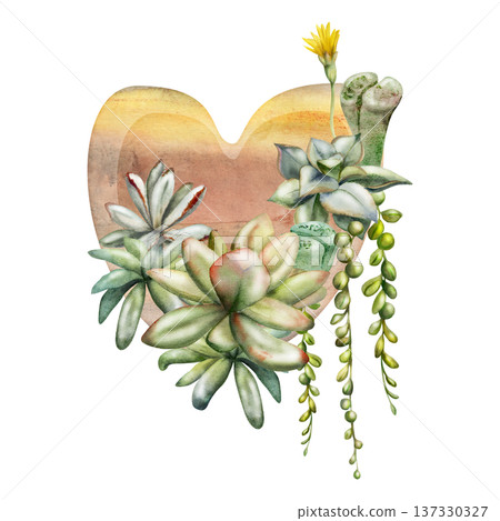 Heart wreath of potted rosette succulents with fleshy leaves, flowers, lithops and curio trailing vines. Isolated illustration hand drawn in watercolor. Wall art, nursery decor, plant shop signage. Heart wreath of potted rosette succulents with fleshy leaves, flowers, lithops and curio trailing vines. Isolated illustration hand drawn in watercolor. Wall art, nursery decor, plant shop signage. 137330327