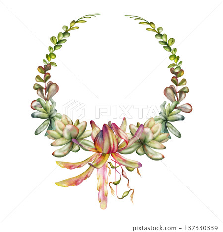 Succulent rosettes, hanging plants, Kimnachia cactus leaves, bromeliad epiphyte and string of bead vines. Isolated illustration hand drawn in watercolor. Botanical wreath frame. Handmade candle seals Succulent rosettes, hanging plants, Kimnachia cactus leaves, bromeliad epiphyte and string of bead vines. Isolated illustration hand drawn in watercolor. Botanical wreath frame. Handmade candle seals 137330339