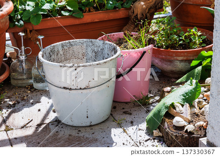 Sunlit balcony gardening scene with potted plants, containers, and a bucket during the process of replanting plants. 137330367