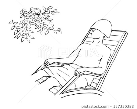 桑拿後戶外沐浴－手繪鋼筆畫，描繪一位男士在自然中休息 137330388