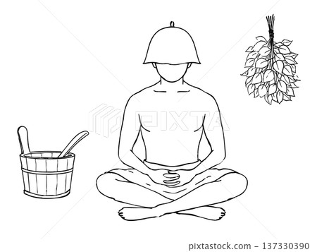 Hand-drawn illustration of a man meditating in a sauna 137330390