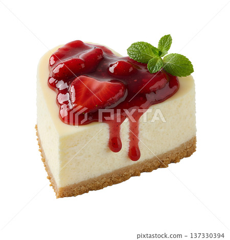 Beautiful heart-shaped strawberry cheesecake with a fresh mint garnish, isolated. Perfect for valentine's day, anniversaries, and romantic desserts 137330394