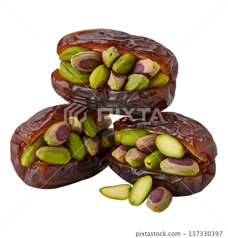 Delicious medjool dates stuffed with creamy pistachio filling and topped with crushed pistachios, isolated. Perfect for healthy snacks and energy bites 137330397
