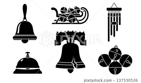 Black Solid Handbell Silhouettes Set of Six on White Background 137330526