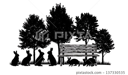 Black Solid Bench Trees Bunny Silhouettes Set of Six on White Background Black Solid Bench Trees Bunny Silhouettes Set of Six on White Background 137330535
