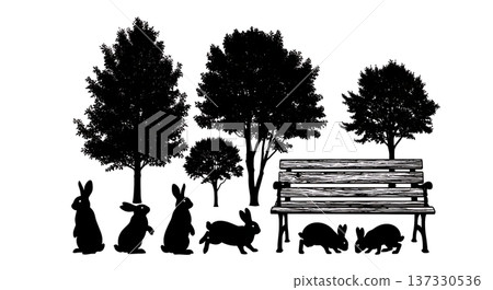 Black Solid Bench Trees Bunny Silhouettes Set of Six on White Background Black Solid Bench Trees Bunny Silhouettes Set of Six on White Background 137330536