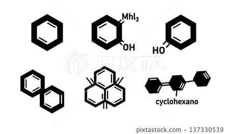 Black Solid Benzene Ring Molecular Silhouettes Set of Six on White Background 137330539