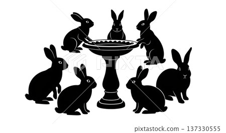 Black Solid Bird Feeder Bunny Silhouettes Set of Six on White Background 137330555