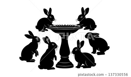 Black Solid Bird Feeder Bunny Silhouettes Set of Six on White Background 137330556