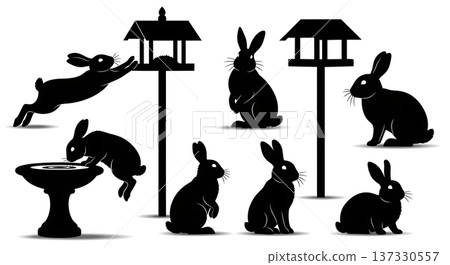 Black Solid Bird Feeder Bunny Silhouettes Set of Six on White Background 137330557