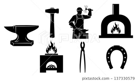 Black Solid Blacksmith Forge Silhouettes Set of Six on White Background 137330579