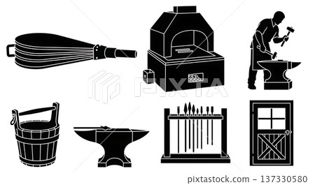 Black Solid Blacksmith Shop Silhouettes Set of Six on White Background Black Solid Blacksmith Shop Silhouettes Set of Six on White Background 137330580