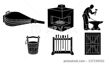 Black Solid Blacksmith Shop Silhouettes Set of Six on White Background 137330581