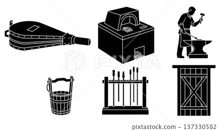Black Solid Blacksmith Shop Silhouettes Set of Six on White Background Black Solid Blacksmith Shop Silhouettes Set of Six on White Background 137330582