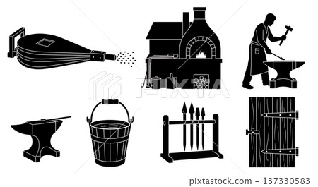 Black Solid Blacksmith Shop Silhouettes Set of Six on White Background 137330583