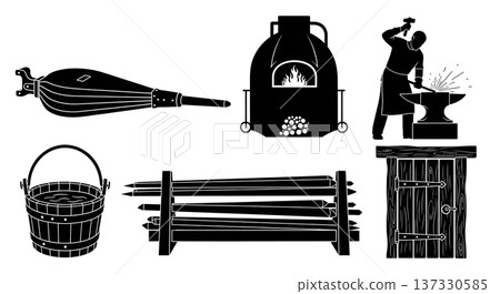 Black Solid Blacksmith Workshop Silhouettes Set of Six on White Background 137330585