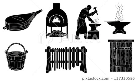 Black Solid Blacksmith Workshop Silhouettes Set of Six on White Background Black Solid Blacksmith Workshop Silhouettes Set of Six on White Background 137330586