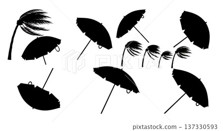 Black Solid Blowing Umbrella Palm Silhouettes Set of Six on White Background Black Solid Blowing Umbrella Palm Silhouettes Set of Six on White Background 137330593