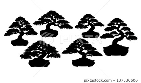 Black Solid Bonsai Oak Tree Silhouettes Set of Six 137330600