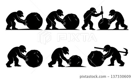 Black Solid Boulder Rolling Troll Silhouettes Set of Six on White Background 137330609
