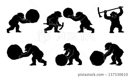Black Solid Boulder Rolling Troll Silhouettes Set of Six on White Background 137330610