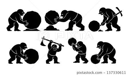 Black Solid Boulder Rolling Troll Silhouettes Set of Six on White Background 137330611