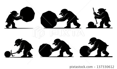 Black Solid Boulder Rolling Troll Silhouettes Set of Six on White Background 137330612