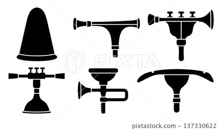 Black Solid Brass Mute Silhouettes Set of Six on White Background 137330622
