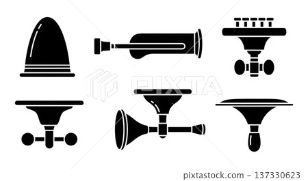 Black Solid Brass Mute Silhouettes Set of Six on White Background Black Solid Brass Mute Silhouettes Set of Six on White Background 137330623