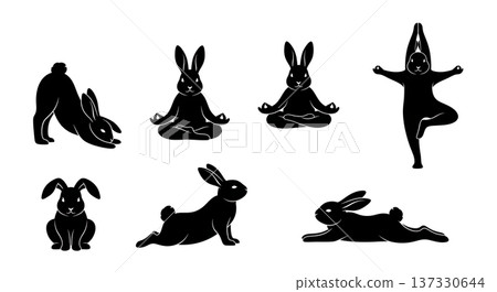 Black Solid Breathing Yoga Bunny Set of Six on White Background 137330644