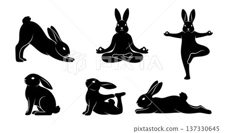 Black Solid Breathing Yoga Bunny Set of Six on White Background 137330645